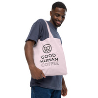 Thumbnail for Good Human organic tote - pink + black decals.